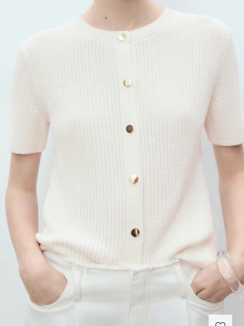 Mango Cream Short-Sleeve Button-Front Knit Top with Gold Buttons